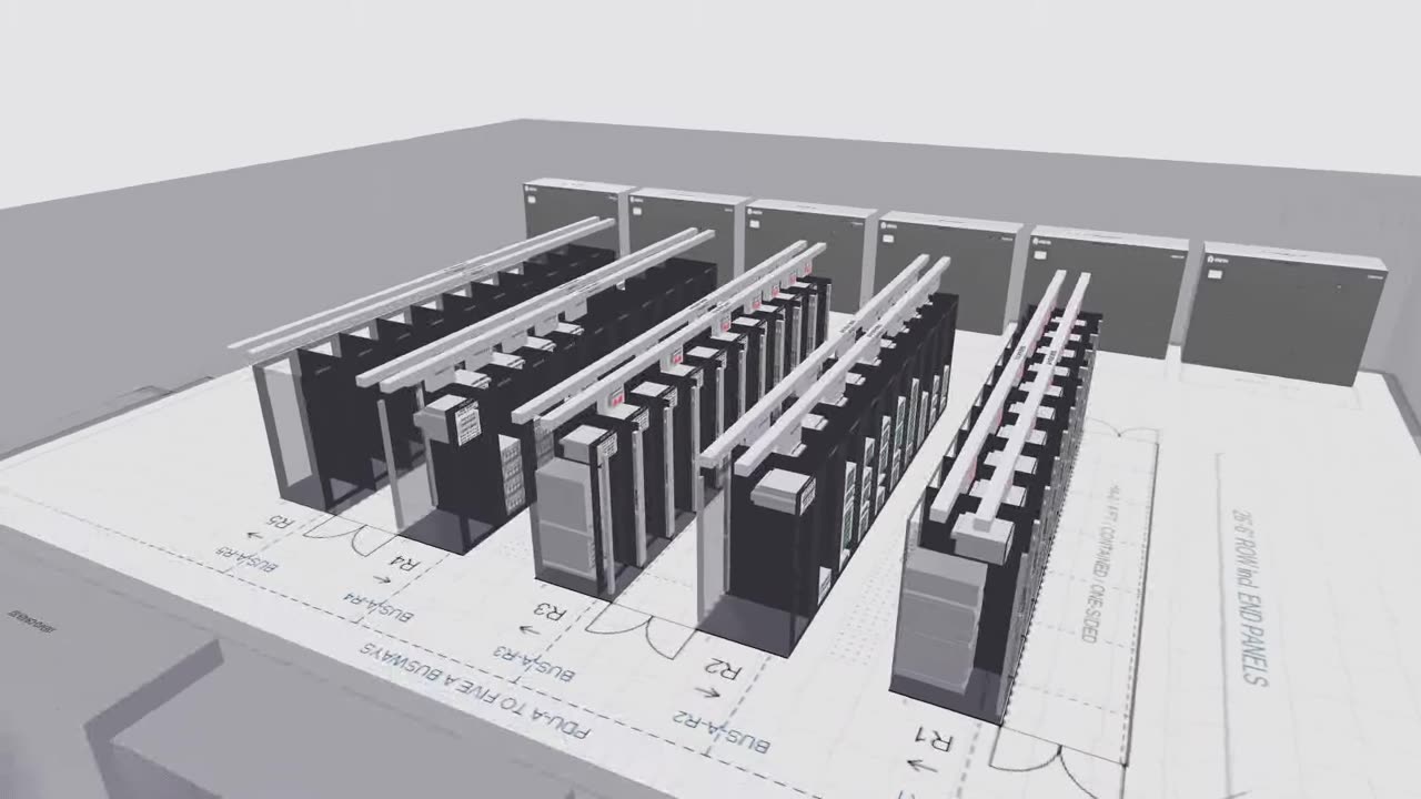 Sentieria's 3D room view of a data hall: rows of racks, overhead busways and cooling units